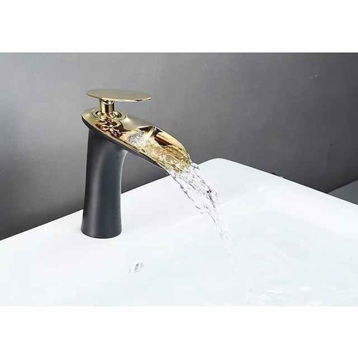 Waterfall Bathroom Sink Mixer Faucet, Mono Wash Basin Single Handle Basin Taps with Hot and Cold Hose Monobloc Vessel Water Brass Tap Deck Mounted