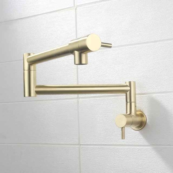 Pot Filler Bathroom Faucet Only Cold Water Stainless Steel, Brushed Golden Nickel Foldable Sink Wall Mount Folding Fill Pot Basin Tap Double Joint Swing Arm Single Hole 2 Handle