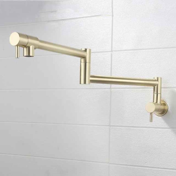 Pot Filler Bathroom Faucet Only Cold Water Stainless Steel, Brushed Golden Nickel Foldable Sink Wall Mount Folding Fill Pot Basin Tap Double Joint Swing Arm Single Hole 2 Handle