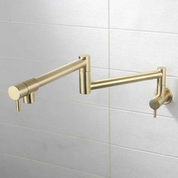 Pot Filler Bathroom Faucet Only Cold Water Stainless Steel, Brushed Golden Nickel Foldable Sink Wall Mount Folding Fill Pot Basin Tap Double Joint Swing Arm Single Hole 2 Handle