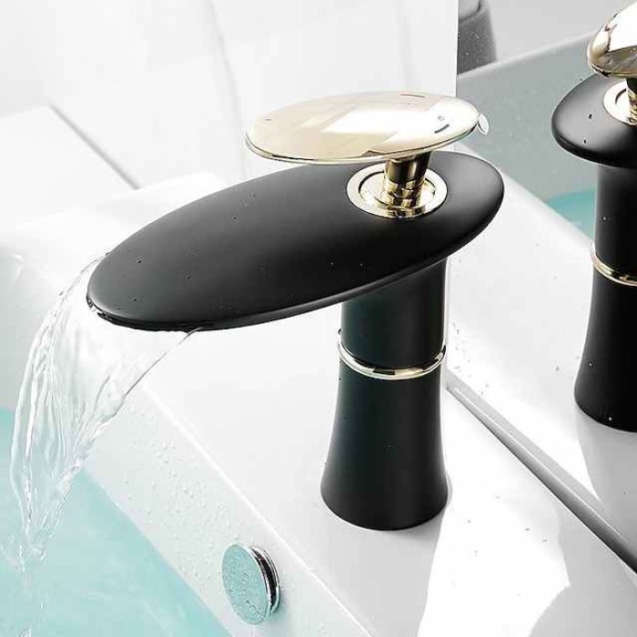 Waterfall Bathroom Sink Mixer Faucet Round, Wash Basin Taps Single Handle Washroom with Hot and Cold Hose Monobloc Vessel Water Brass Tap Deck Mounted