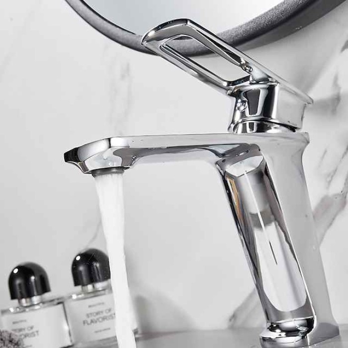 Bathroom Sink Mixer Faucet, Monobloc Washroom Basin Taps Single Handle One Hole Deck Mounted with Hot and Cold Hose