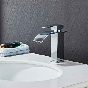 Waterfall Bathroom Sink Mixer Faucet, Washroom Mono Basin Taps Single Handle Deck Mounted Chrome Black Brushed, with Cold and Hot Hose Monobloc Water Tap