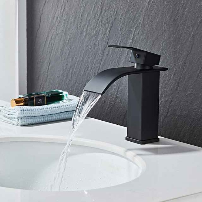 Waterfall Bathroom Sink Mixer Faucet, Washroom Mono Basin Taps Single Handle Deck Mounted Chrome Black Brushed, with Cold and Hot Hose Monobloc Water Tap