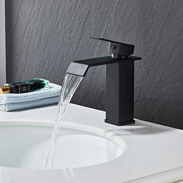 Waterfall Bathroom Sink Mixer Faucet, Washroom Mono Basin Taps Single Handle Deck Mounted Chrome Black Brushed, with Cold and Hot Hose Monobloc Water Tap