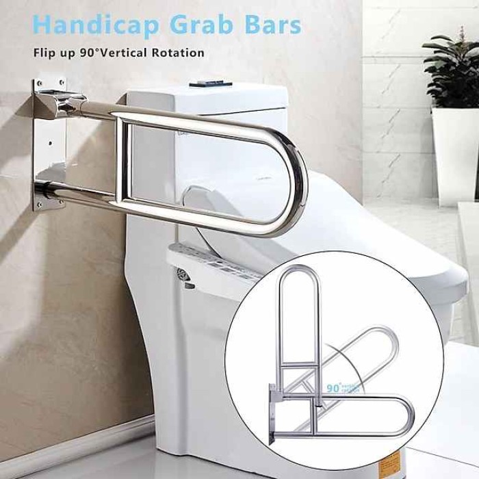 23.6 Inch Handicap Grab Bars Rails Stainless Steel, Toilet Handrails Bathroom Safety Bar Hand Support, Flip Up Rail Handicapped Handrail Accessories for Seniors Elderly Disabled Pregnant Bath Grips