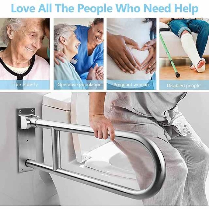 23.6 Inch Handicap Grab Bars Rails Stainless Steel, Toilet Handrails Bathroom Safety Bar Hand Support, Flip Up Rail Handicapped Handrail Accessories for Seniors Elderly Disabled Pregnant Bath Grips