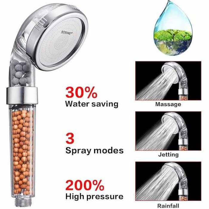 Stainless Steel Shower Head with handheld, Filter Filtration High Pressure Water Saving 3 Mode Function Spray Handheld Showerheads for Dry Skin & Hair