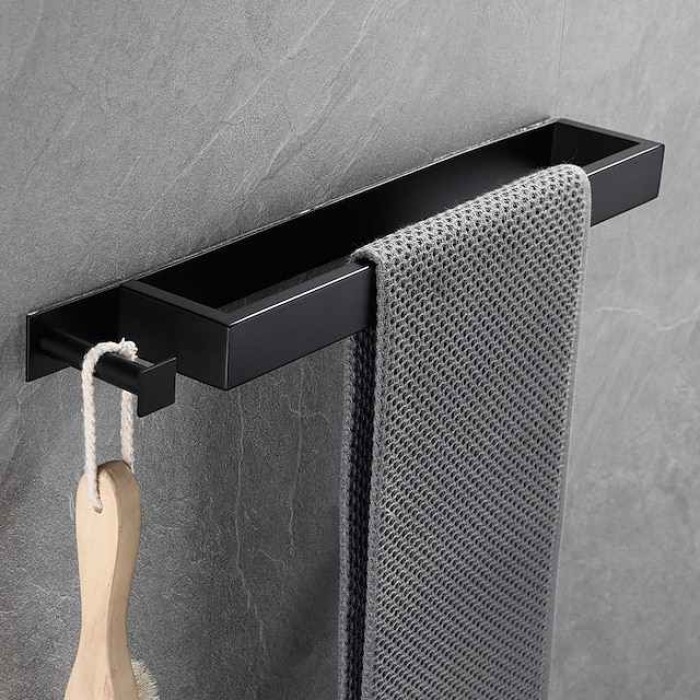 Adhesive Towel Bar with Hook, SUS304 Stainless Steel Hand Towel Holder for Bathroom, Towel Rack for Rolled Towels 40cm