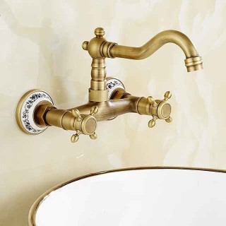 Vintage Brass Bathtub Faucet Wall Mounted Dual Handle Bath Tub Taps, Bathroom Mixer Tap, with Cold and Hot Hose