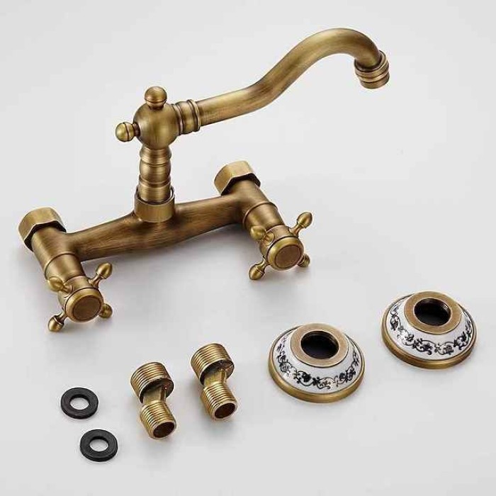 Vintage Brass Bathtub Faucet Wall Mounted Dual Handle Bath Tub Taps, Bathroom Mixer Tap, with Cold and Hot Hose