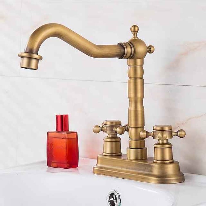 Bathroom Faucet Sink Mixer Basin Taps Deck Mounted, Vintage Style Twin Handle Rotating, Washroom 2 Hole Brushed Brass Tap with Cold and Hot Hose