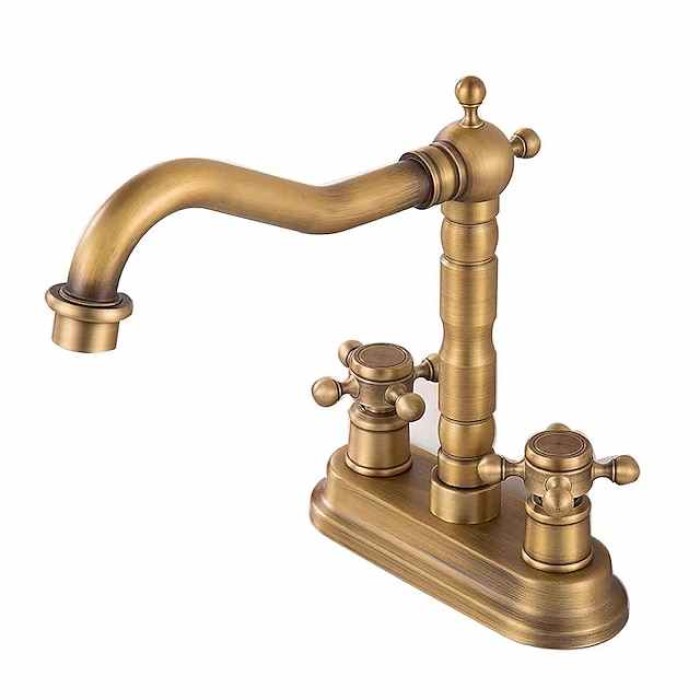 Bathroom Faucet Sink Mixer Basin Taps Deck Mounted, Vintage Style Twin Handle Rotating, Washroom 2 Hole Brushed Brass Tap with Cold and Hot Hose