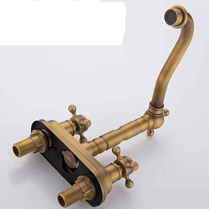 Bathroom Faucet Sink Mixer Basin Taps Deck Mounted, Vintage Style Twin Handle Rotating, Washroom 2 Hole Brushed Brass Tap with Cold and Hot Hose