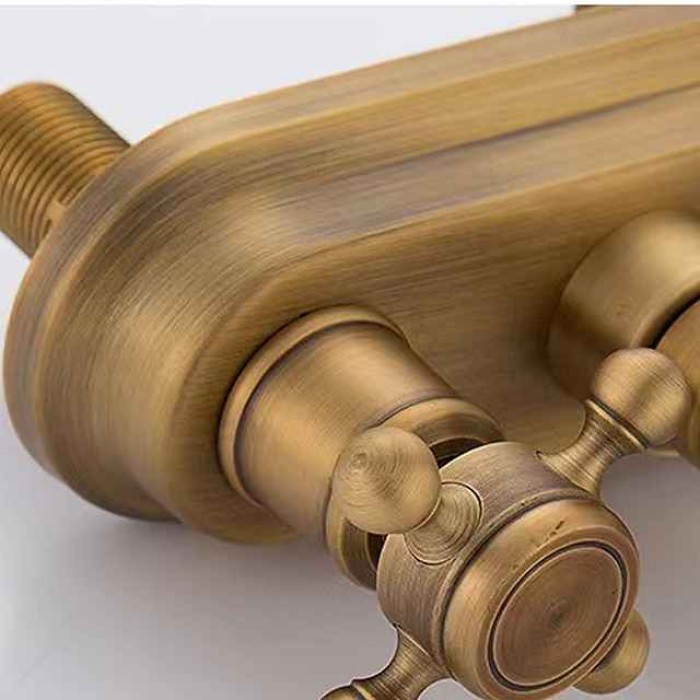 Bathroom Faucet Sink Mixer Basin Taps Deck Mounted, Vintage Style Twin Handle Rotating, Washroom 2 Hole Brushed Brass Tap with Cold and Hot Hose