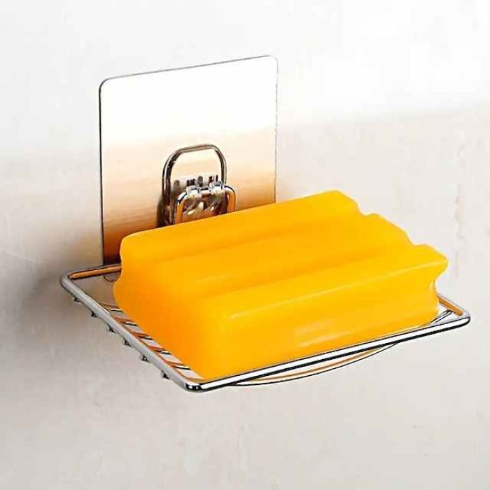 2pcs Stainless Steel Soap Dish Holder Self Adhesive Wall Mounted Soap Sponge Holder Soap Saver Rack For Home Kitchen Bathroom Shower Bathroom Accessories