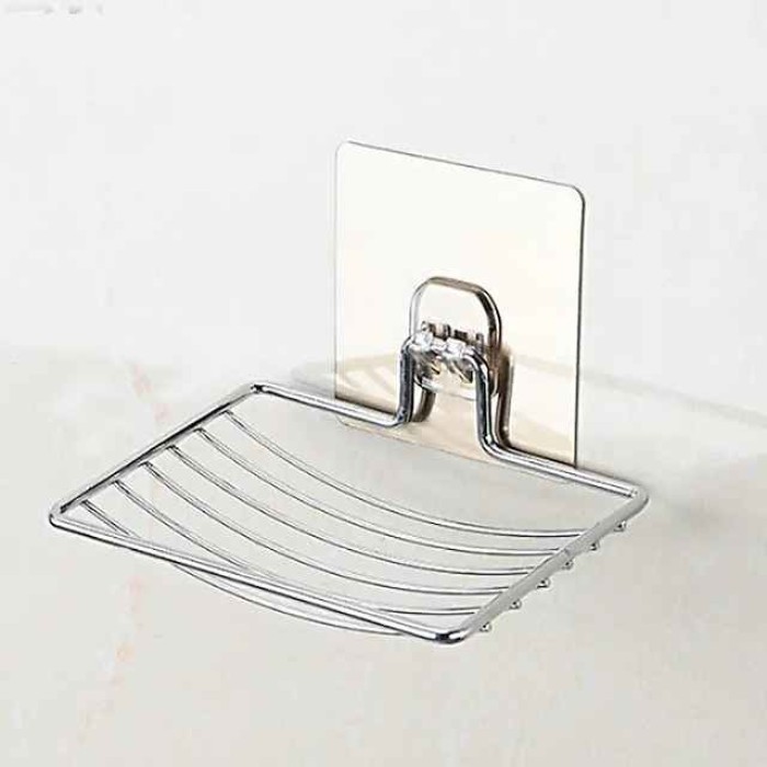 2pcs Stainless Steel Soap Dish Holder Self Adhesive Wall Mounted Soap Sponge Holder Soap Saver Rack For Home Kitchen Bathroom Shower Bathroom Accessories