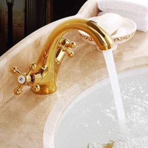 Antique Brass Bathroom Sink Faucet,Centerset  Two Handles One Hole Bath Taps with Hot and Cold Switch and Ceramic Valve