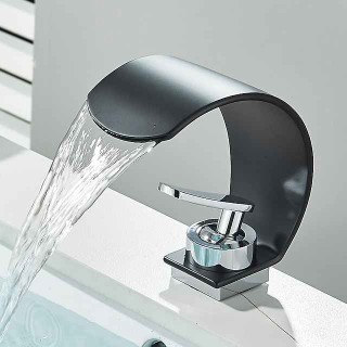 Waterfall Bathroom Faucet Sink Mixer Basin Taps, Arc Spout Single Handle Washroom Faucet Deck Mounted with Cold and Hot Hose Black Chrome White