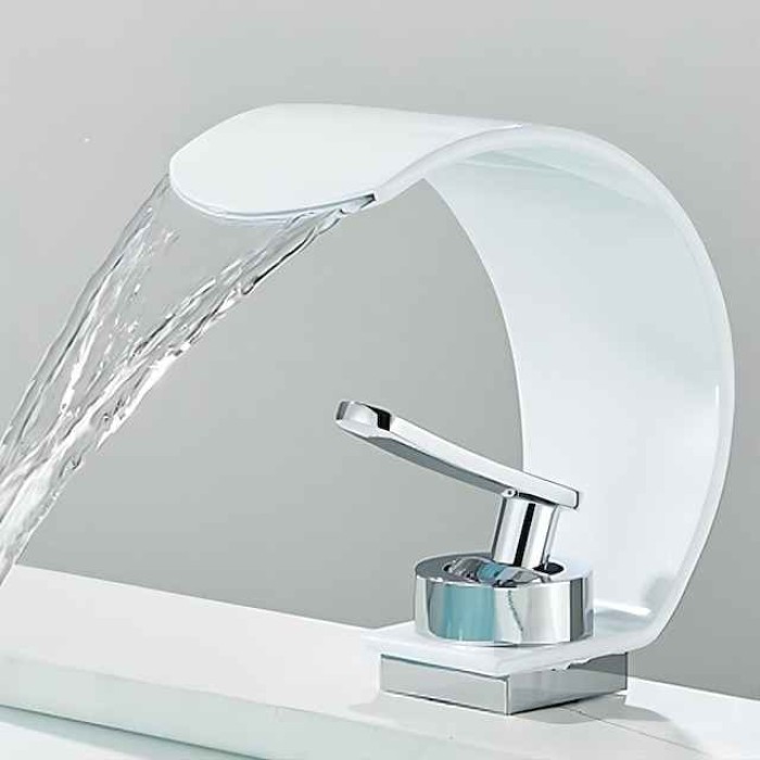 Waterfall Bathroom Faucet Sink Mixer Basin Taps, Arc Spout Single Handle Washroom Faucet Deck Mounted with Cold and Hot Hose Black Chrome White