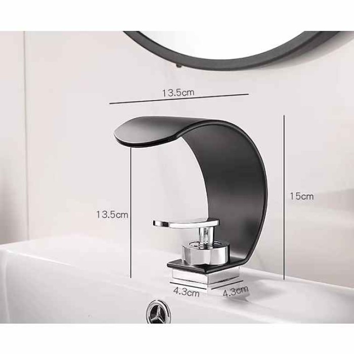 Waterfall Bathroom Faucet Sink Mixer Basin Taps, Arc Spout Single Handle Washroom Faucet Deck Mounted with Cold and Hot Hose Black Chrome White