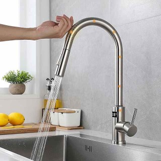 Touchless Sensor Kitchen Faucet Sink Mixer Tap Touch on with Pull Out 2 Mode Sprayer, Digital Display 360 Swivel Single Handle Taps Stainless Steel Deck Mounted, Water Vessel Taps