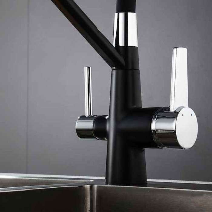 Kitchen Faucet Pull Down Spray Head, Purified Water Dual Spout Taps Sink Mixer Deck Mounted,  360 Rotating Twin Handle High Arc Flexible Tube Vessel Brass Tap