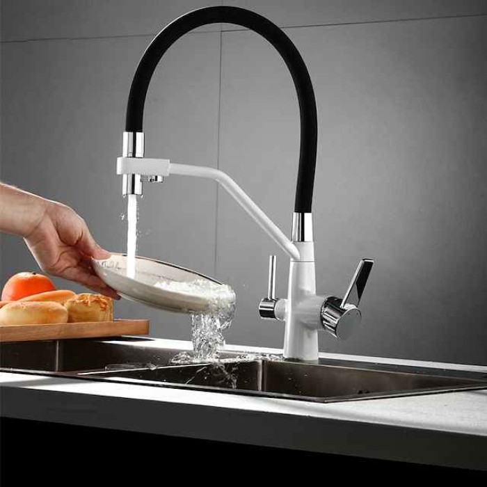 Kitchen Faucet Pull Down Spray Head, Purified Water Dual Spout Taps Sink Mixer Deck Mounted,  360 Rotating Twin Handle High Arc Flexible Tube Vessel Brass Tap