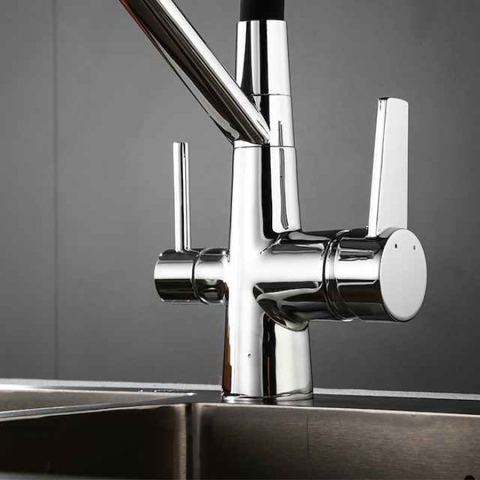 Kitchen Faucet Pull Down Spray Head, Purified Water Dual Spout Taps Sink Mixer Deck Mounted,  360 Rotating Twin Handle High Arc Flexible Tube Vessel Brass Tap