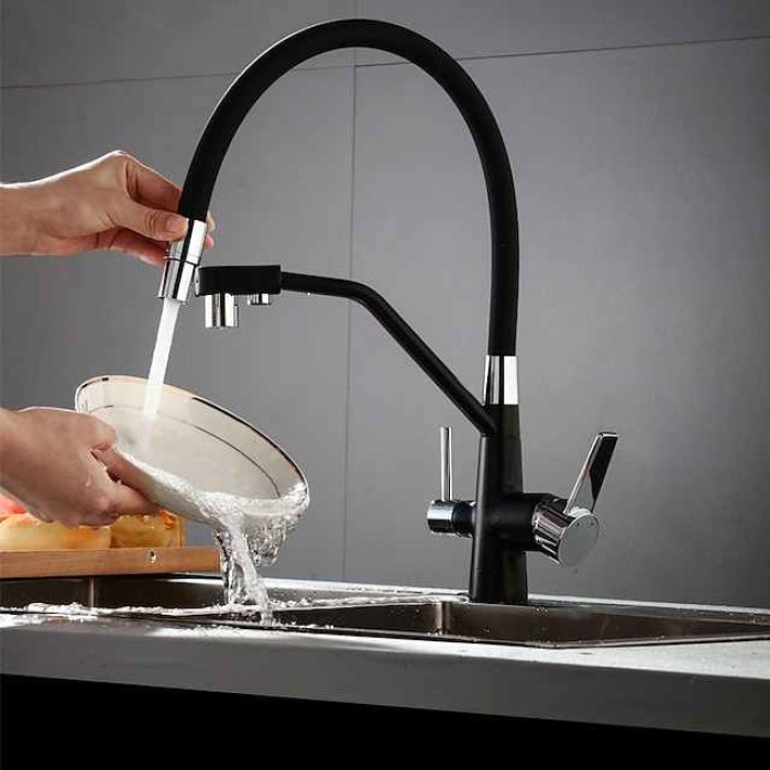 Kitchen Faucet Pull Down Spray Head, Purified Water Dual Spout Taps Sink Mixer Deck Mounted,  360 Rotating Twin Handle High Arc Flexible Tube Vessel Brass Tap