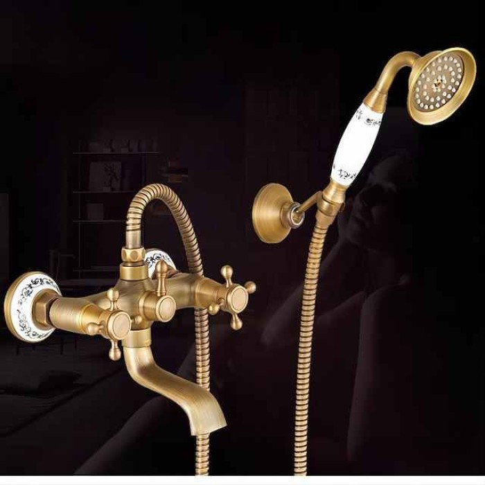 Traditional Shower System Faucet Set with Bathtub Spout with Heldhand Handshower Spray, Vintage Brass Dual Spout Wall Mounted Ceramic Mixer Valve