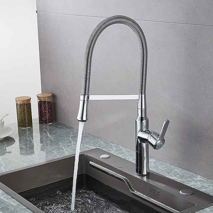 Kitchen Faucet Pull Down Sink Mixer Taps, High Arc Spring Vessel Brass Taps, Single Handle Swivel Spout 2 Mode with Hot and Cold Water Hose