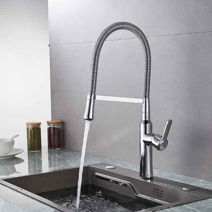 Kitchen Faucet Pull Down Sink Mixer Taps, High Arc Spring Vessel Brass Taps, Single Handle Swivel Spout 2 Mode with Hot and Cold Water Hose