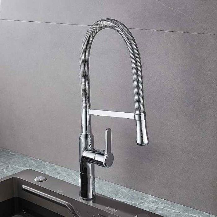 Kitchen Faucet Pull Down Sink Mixer Taps, High Arc Spring Vessel Brass Taps, Single Handle Swivel Spout 2 Mode with Hot and Cold Water Hose