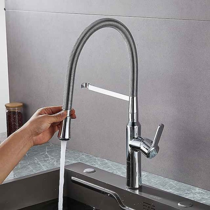 Kitchen Faucet Pull Down Sink Mixer Taps, High Arc Spring Vessel Brass Taps, Single Handle Swivel Spout 2 Mode with Hot and Cold Water Hose