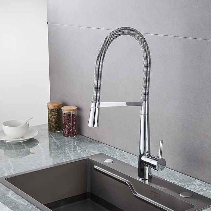 Kitchen Faucet Pull Down Sink Mixer Taps, High Arc Spring Vessel Brass Taps, Single Handle Swivel Spout 2 Mode with Hot and Cold Water Hose