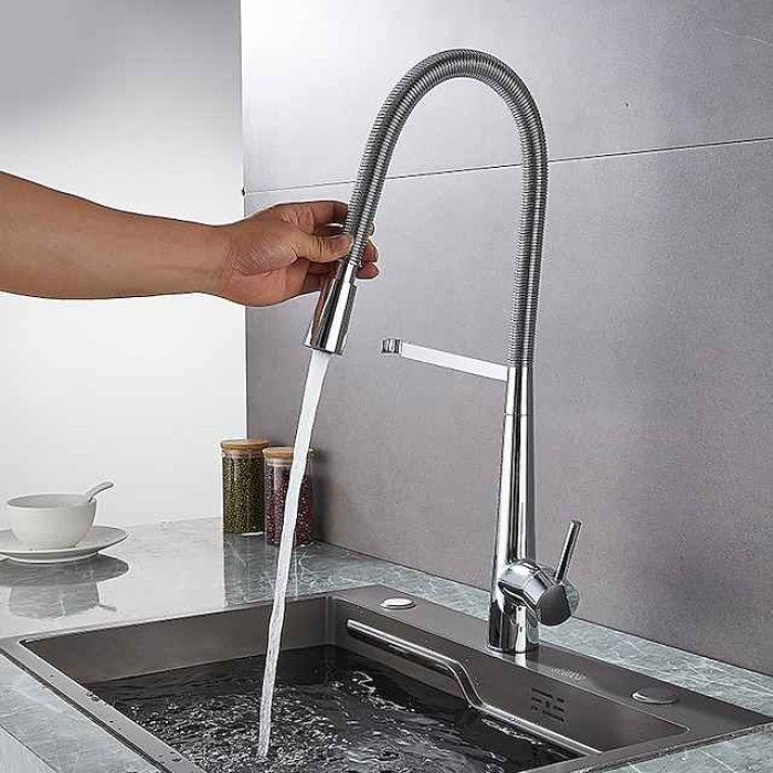 Kitchen Faucet Pull Down Sink Mixer Taps, High Arc Spring Vessel Brass Taps, Single Handle Swivel Spout 2 Mode with Hot and Cold Water Hose