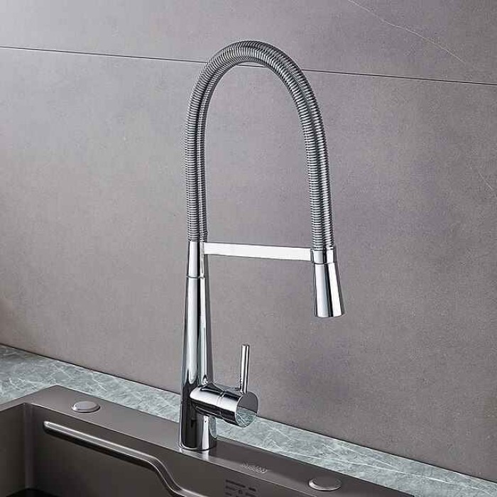 Kitchen Faucet Pull Down Sink Mixer Taps, High Arc Spring Vessel Brass Taps, Single Handle Swivel Spout 2 Mode with Hot and Cold Water Hose