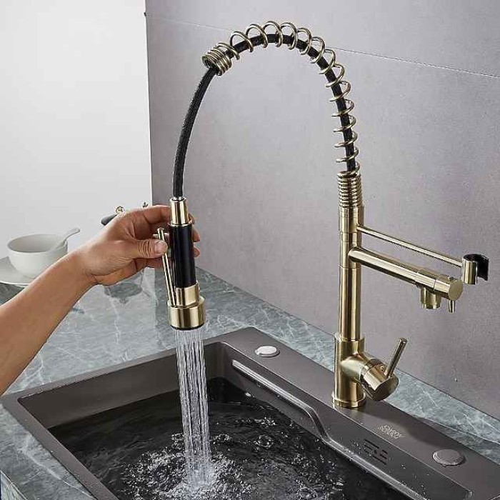 Kitchen Faucet Pull Out Sink Mixer Taps Dual Spout, High Arc Spring Vessel Brass Taps, Single Handle 360 Swivel Sprayer with Hot and Cold Water Hose