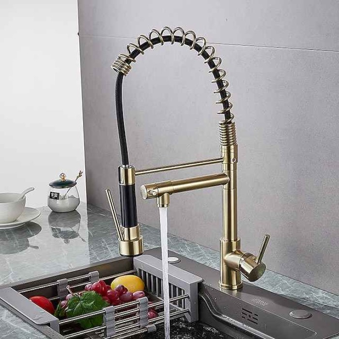 Kitchen Faucet Pull Out Sink Mixer Taps Dual Spout, High Arc Spring Vessel Brass Taps, Single Handle 360 Swivel Sprayer with Hot and Cold Water Hose