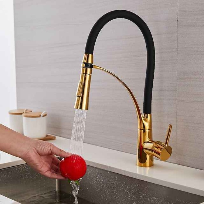 Kitchen Faucet Pull Down Sink Mixer Taps, 360 Swivel Flexible Tube Pipe Brass Taps, Single Handle with Hot and Cold Water Hose