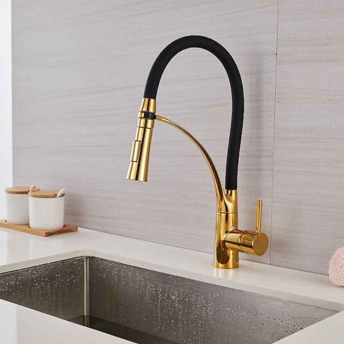 Kitchen Faucet Pull Down Sink Mixer Taps, 360 Swivel Flexible Tube Pipe Brass Taps, Single Handle with Hot and Cold Water Hose