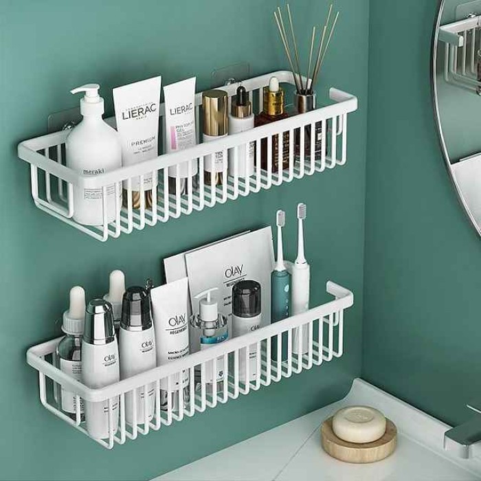 Space Aluminum Punch-free Floating Shelf with Non-marking Stickers Wall Mounted Storage Rack Single-layered Wall Shelf for Bathroom Kitchen Hotel