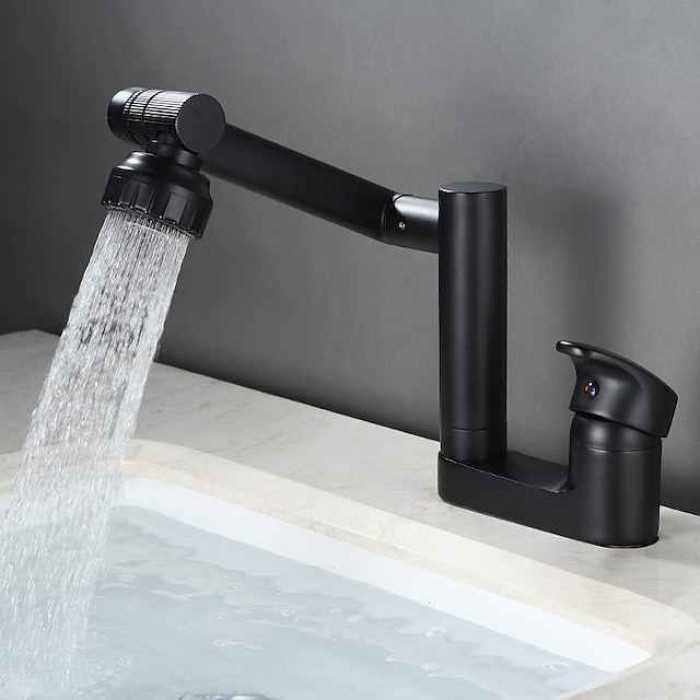 Foldable Bathroom Faucet Sink Mixer Basin Taps Dual Spout 3 Mode Spray, 360 Degrees Single Handle Washbasin Vessel Tap with Cold and Water Hose for Washroom Toilet