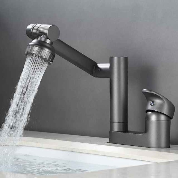 Foldable Bathroom Faucet Sink Mixer Basin Taps Dual Spout 3 Mode Spray, 360 Degrees Single Handle Washbasin Vessel Tap with Cold and Water Hose for Washroom Toilet