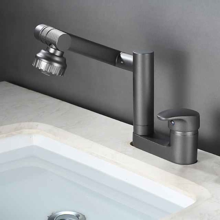 Foldable Bathroom Faucet Sink Mixer Basin Taps Dual Spout 3 Mode Spray, 360 Degrees Single Handle Washbasin Vessel Tap with Cold and Water Hose for Washroom Toilet