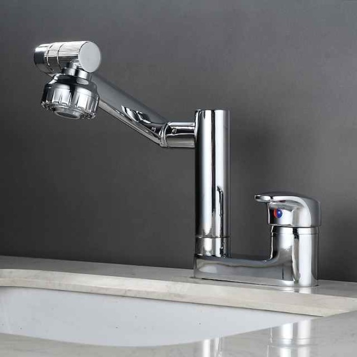 Foldable Bathroom Faucet Sink Mixer Basin Taps Dual Spout 3 Mode Spray, 360 Degrees Single Handle Washbasin Vessel Tap with Cold and Water Hose for Washroom Toilet