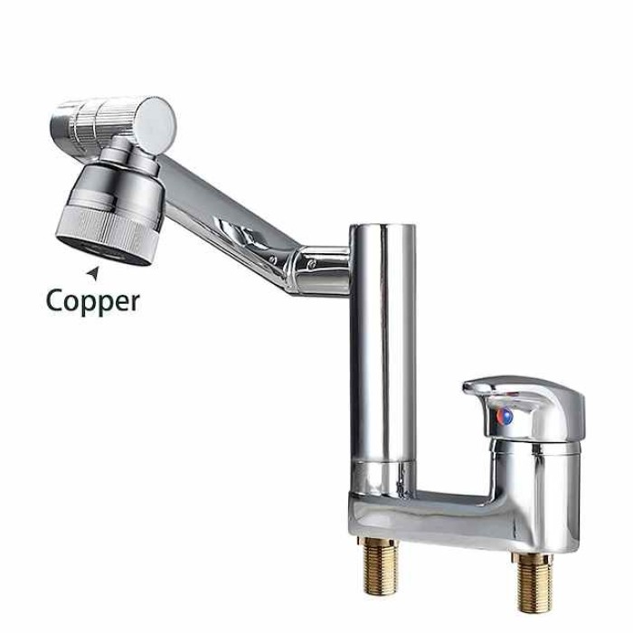 Foldable Bathroom Faucet Sink Mixer Basin Taps Dual Spout 3 Mode Spray, 360 Degrees Single Handle Washbasin Vessel Tap with Cold and Water Hose for Washroom Toilet