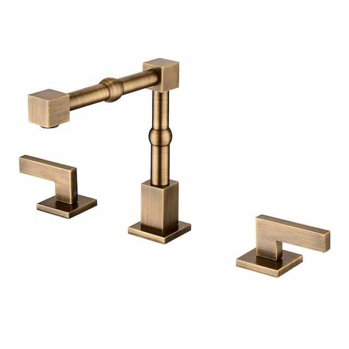 Widespread Bathroom Faucet Vintage Brass, Sink Mixer Basin Taps 360 Degree Swivel Spout, 3 Hole Dual Handle Vessel Taps with Hot and Cold Water Hose