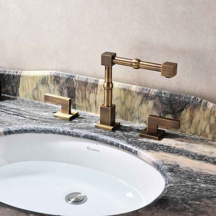 Widespread Bathroom Faucet Vintage Brass, Sink Mixer Basin Taps 360 Degree Swivel Spout, 3 Hole Dual Handle Vessel Taps with Hot and Cold Water Hose